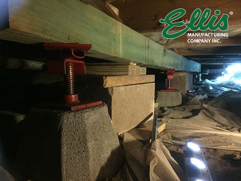 Timber Screw Jack under floor joists to fix sagging floors - Ellis Manufacturing Co.
